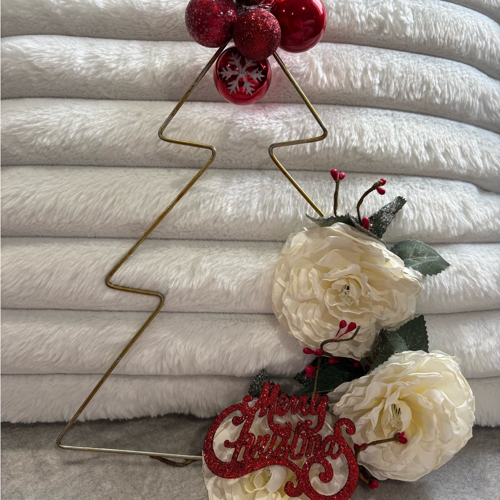 Festive Gold Wire Tree with White Blooms and Red Ornaments